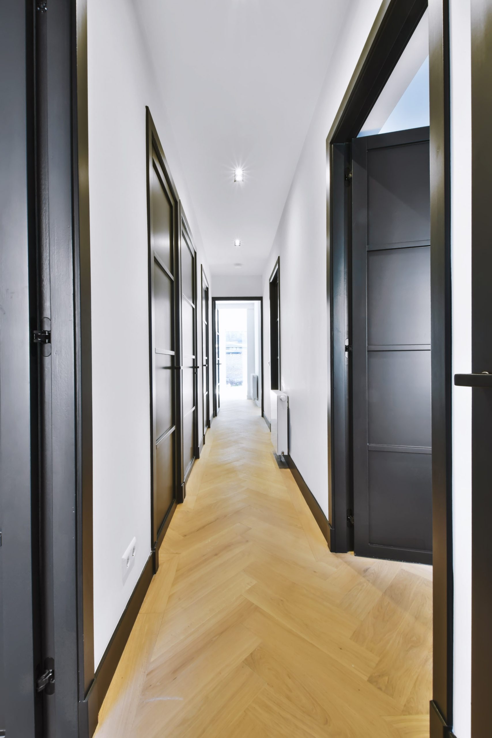 High-gloss black colour spray-painted tall interior doors in a Toronto residence