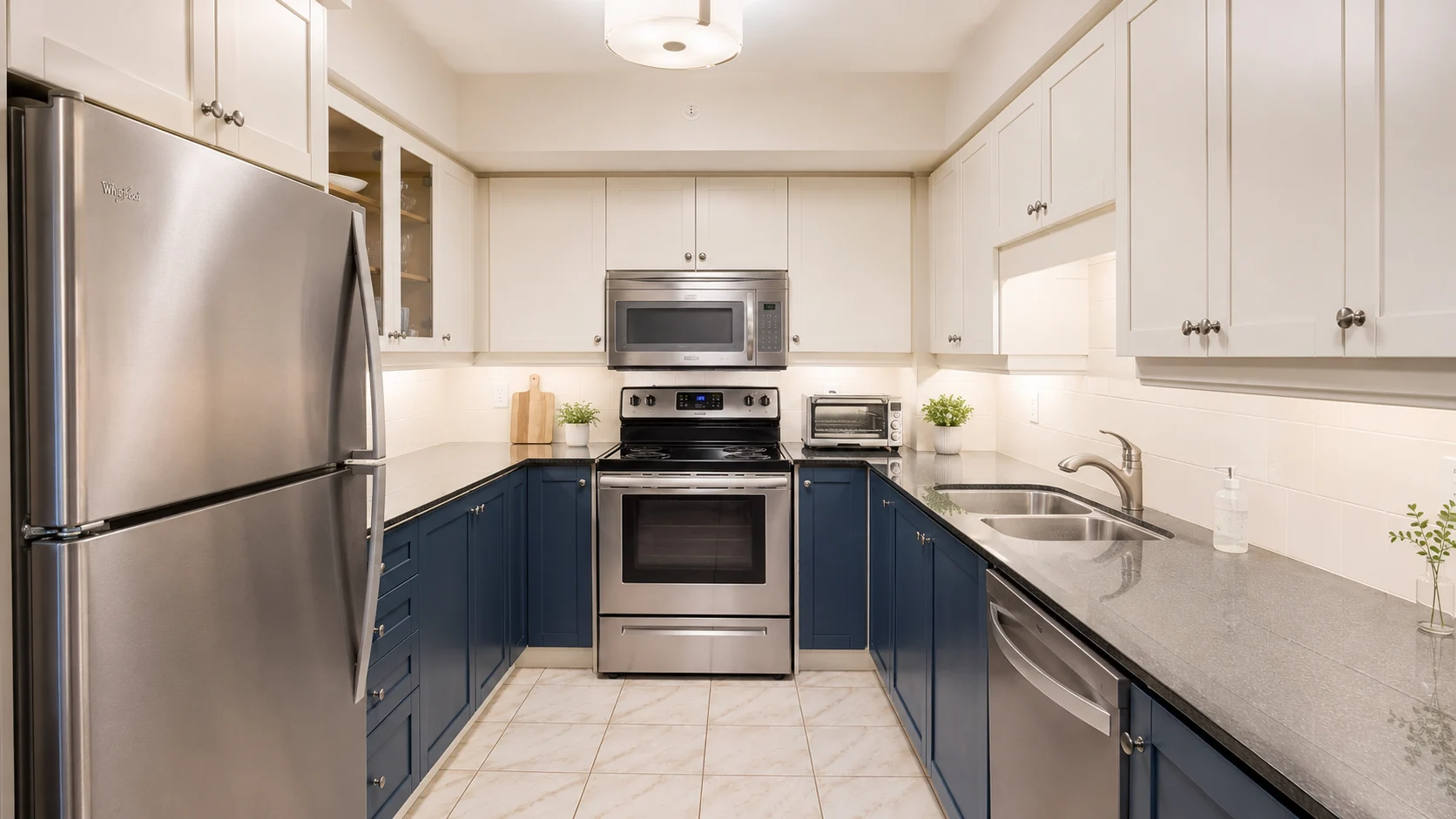 Fresh white and navy kitchen cabinet painting Toronto condo